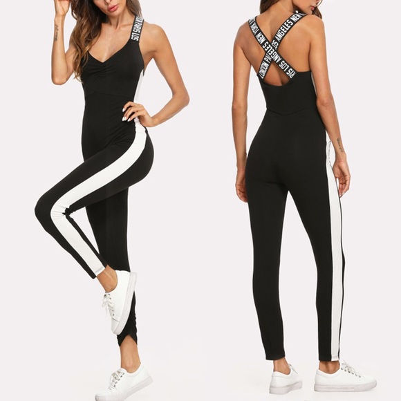 Colorblock Panel Crisscross Letter Print Strap Sportswear Jumpsuit Paris/London